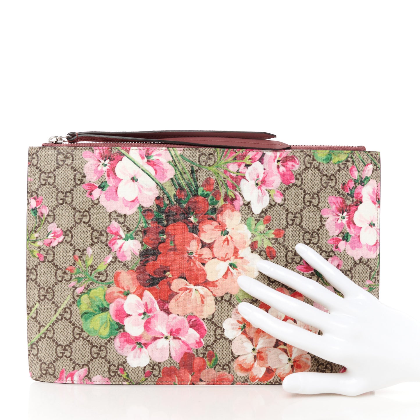 GG Supreme Monogram Blooms Suede Large Zip Pouch Beige Multicolor Dry Rose