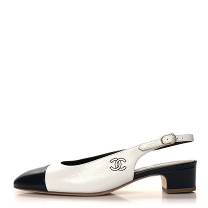 Chanel Calfskin Cap Toe CC Slingback Pumps 40 White Dark Navy 1 of 10