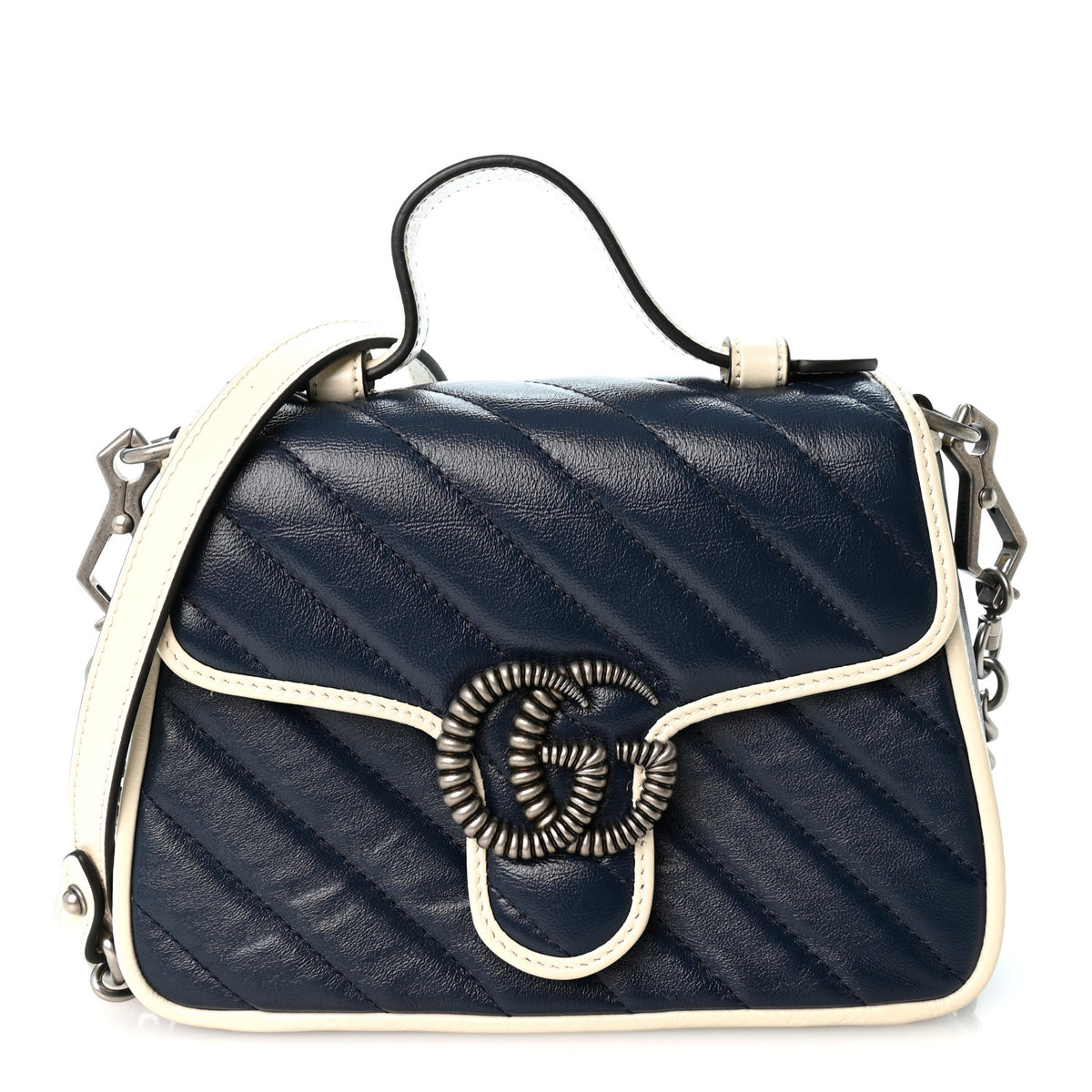 Gucci Vintage Effect Calfskin Matelasse Diagonal Mini Torchon GG Marmont Top Handle Shoulder Bag Blue Agata Mystic White 1 of 10