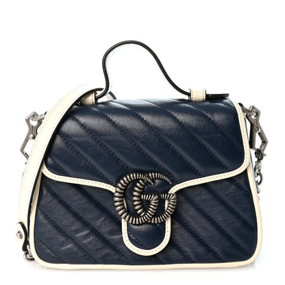 Gucci Vintage Effect Calfskin Matelasse Diagonal Mini Torchon GG Marmont Top Handle Shoulder Bag Blue Agata Mystic White 1 of 10