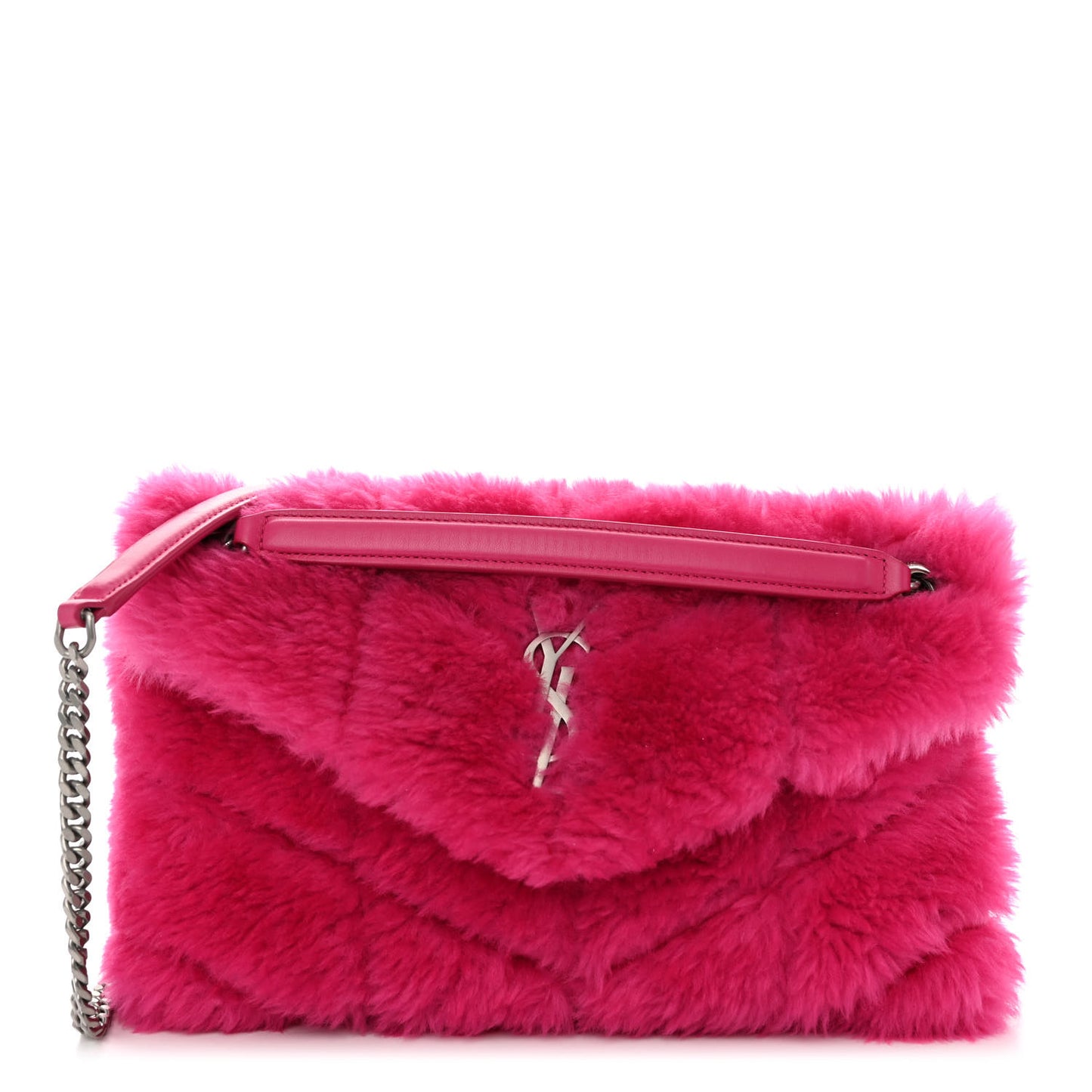 Merino Shearling Lambskin Quilted Small Loulou Puffer Monogram Chain Satchel Fuchsia