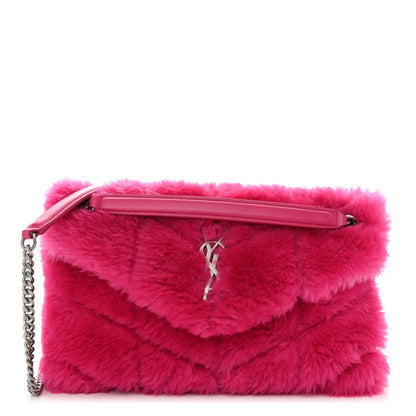 Saint Laurent Merino Shearling Lambskin Quilted Small Loulou Puffer Monogram Chain Satchel Fuchsia 1 of 9