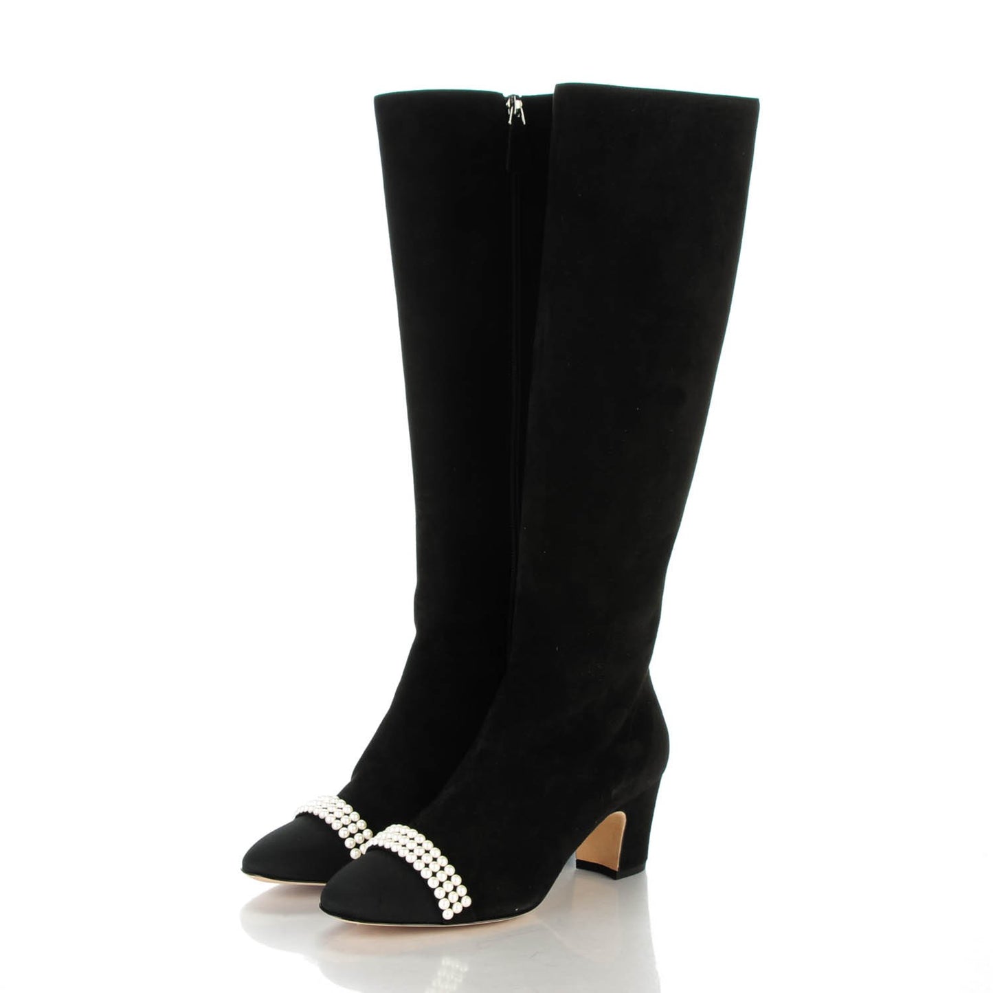 Suede Grosgrain Pearl CC Cap Toe High Boots 37 Black