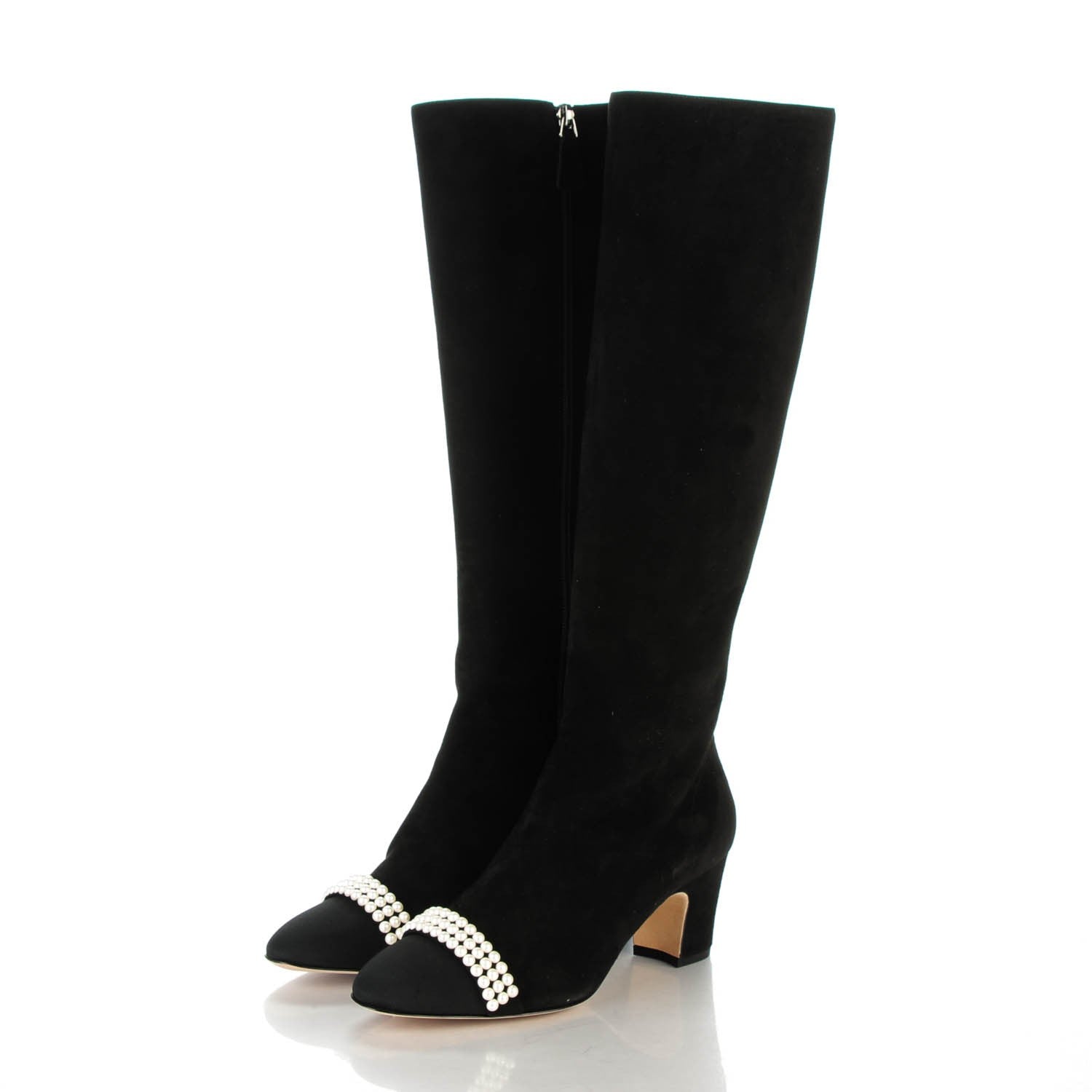 Chanel Suede Grosgrain Pearl CC Cap Toe High Boots 37 Black 3 of 7