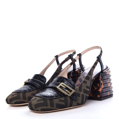 Fendi Jacquard Calfskin FF Tortoise Promenade Slingback Loafer Pumps 35.5 Tobacco 3 of 10