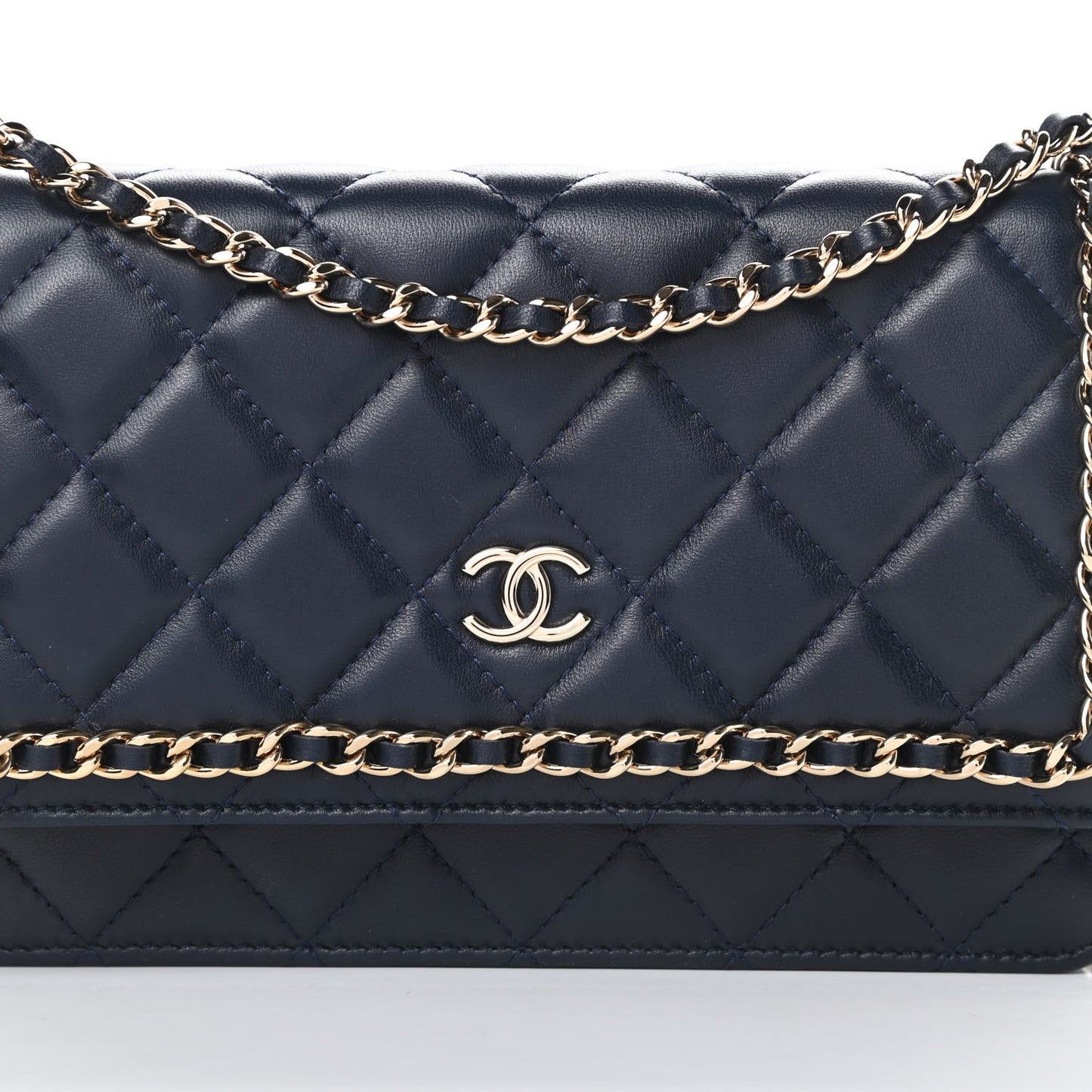Lambskin Quilted Chain Around Wallet On Chain WOC Navy Blue