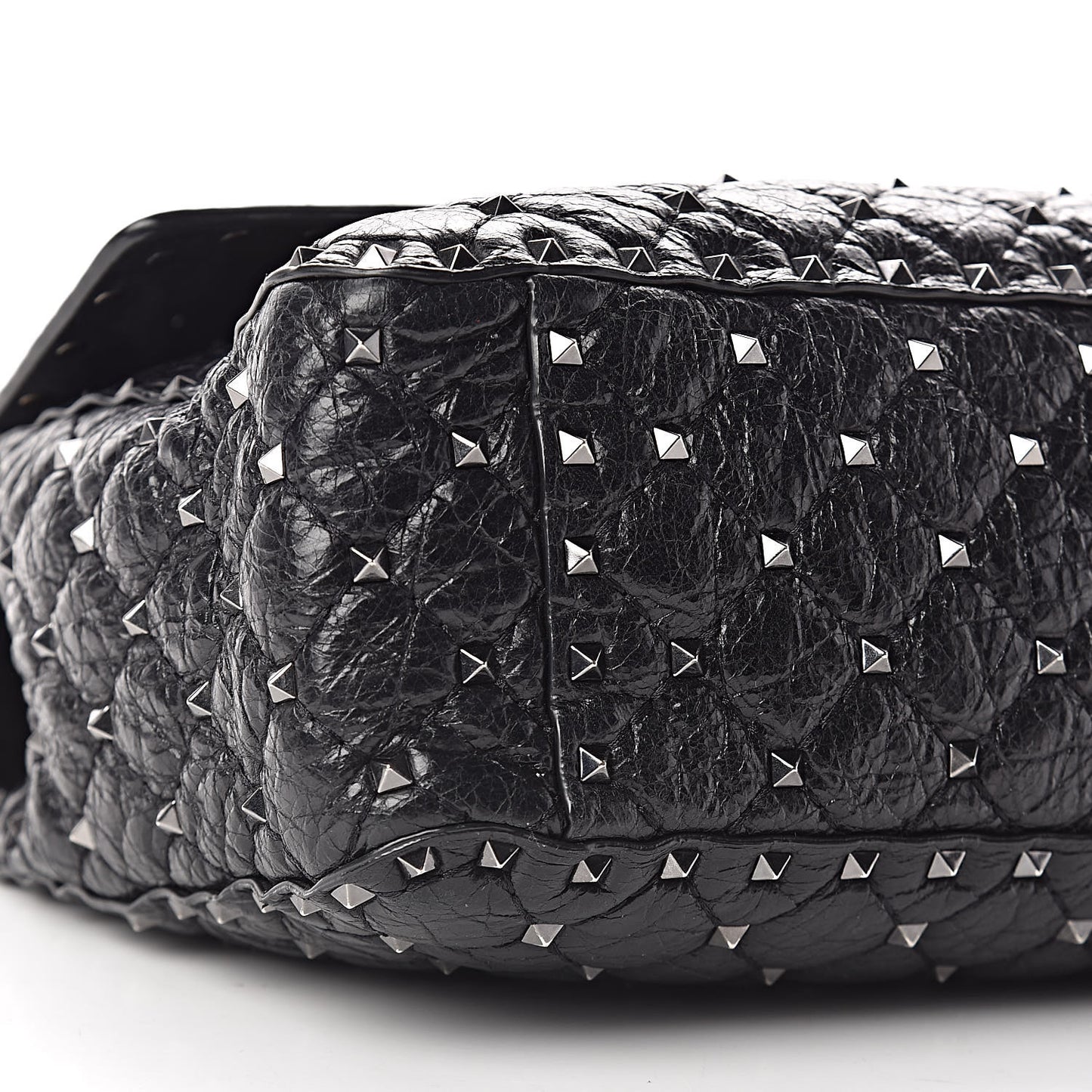 Craquele Nappa Large Rockstud Spike Shoulder Bag Black