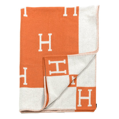 Hermes Wool Cashmere Signature Classic Avalon Blanket Ecru Potiron 2 of 3