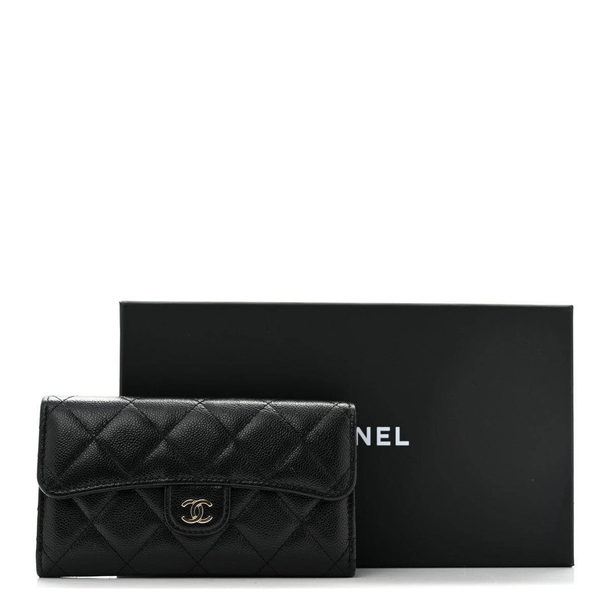 Caviar Quilted Medium Gusset Flap Wallet Black