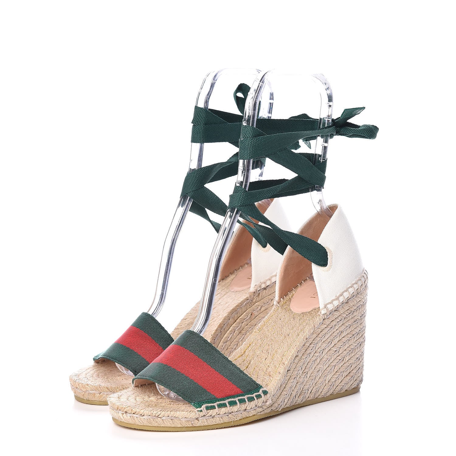 Gucci Canvas Malaga Kid Web Ankle Wrap Espadrille Wedge Sandals 38.5 Green Red Mystic White Emerald 3 of 9