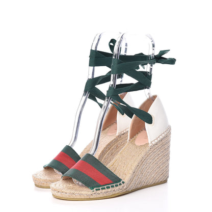 Gucci Canvas Malaga Kid Web Ankle Wrap Espadrille Wedge Sandals 38.5 Green Red Mystic White Emerald 3 of 9