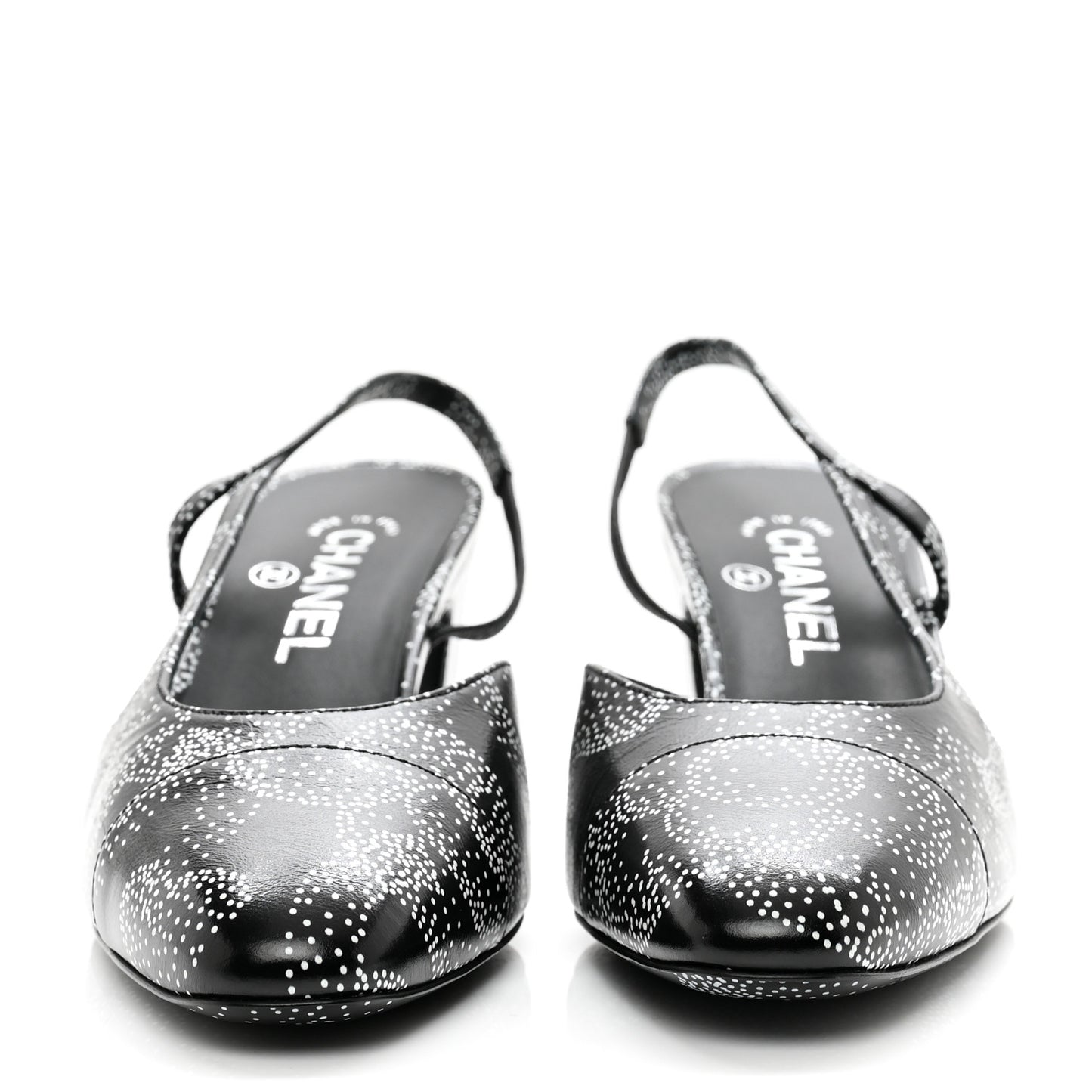 Calfskin Camellia Printed Cap Toe CC Slingback Pumps 39.5 Black White