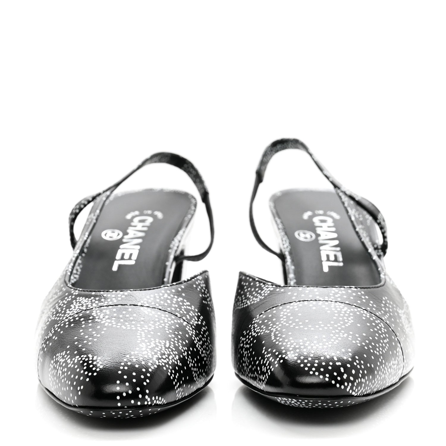Chanel Calfskin Camellia Printed Cap Toe CC Slingback Pumps 39.5 Black White 2 of 9
