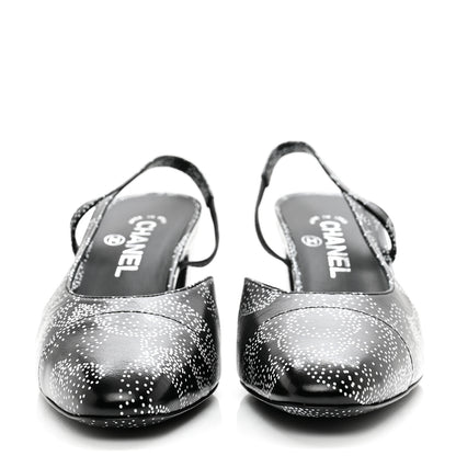 Chanel Calfskin Camellia Printed Cap Toe CC Slingback Pumps 39.5 Black White 2 of 9