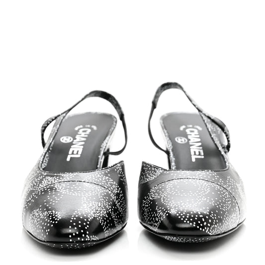 Calfskin Camellia Printed Cap Toe CC Slingback Pumps 39.5 Black White