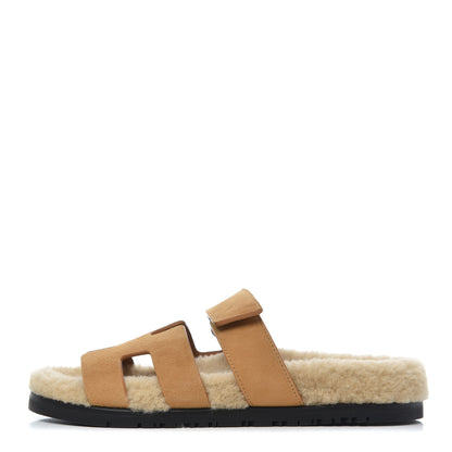Hermes Suede Goatskin Woolskin Womens Chypre Sandals 37 Golden Beige 1 of 9