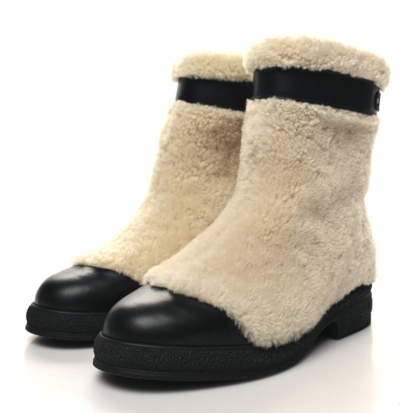 Calfskin Shearling Cap Toe Boots 37 Beige Black