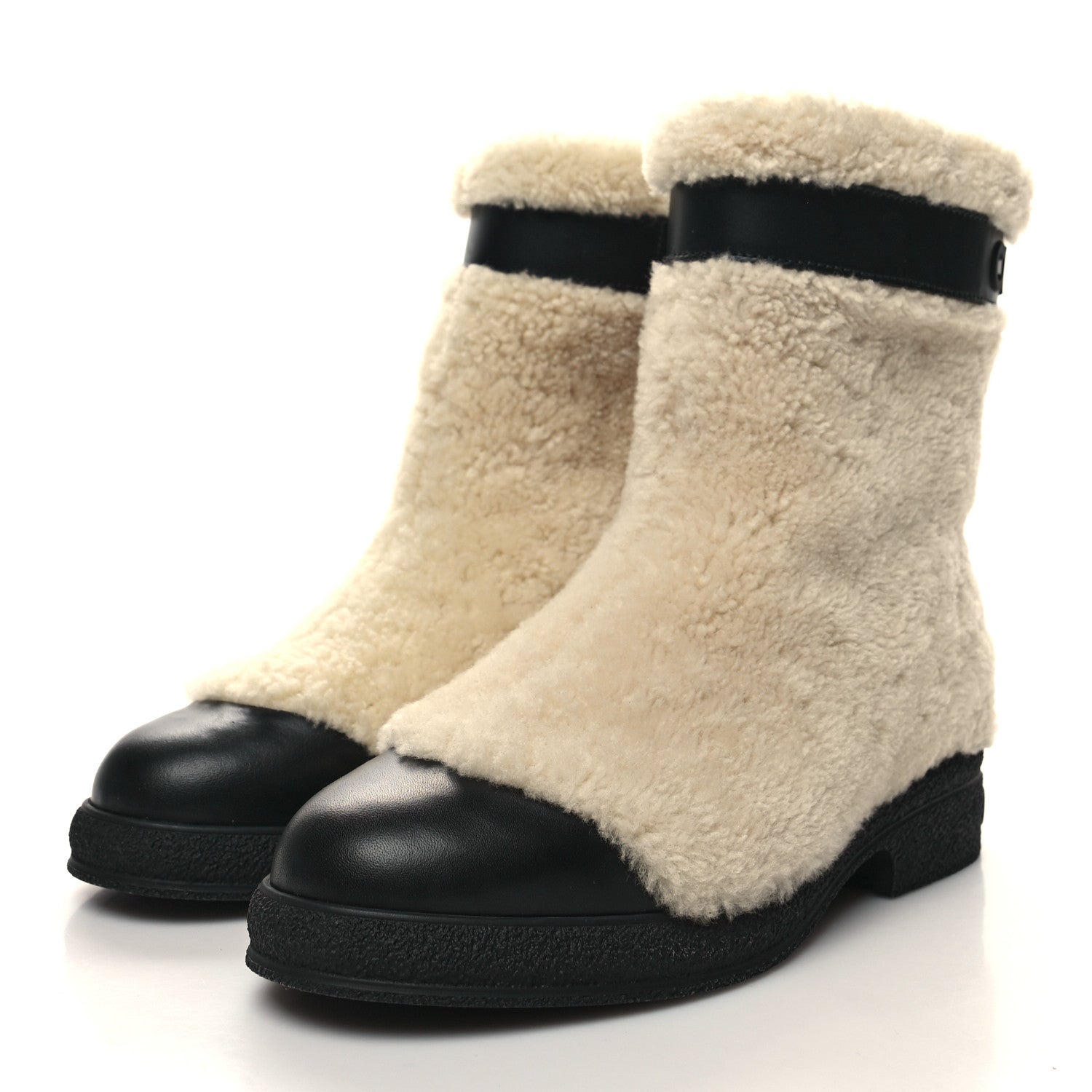Chanel Calfskin Shearling Cap Toe Boots 37 Beige Black 3 of 9