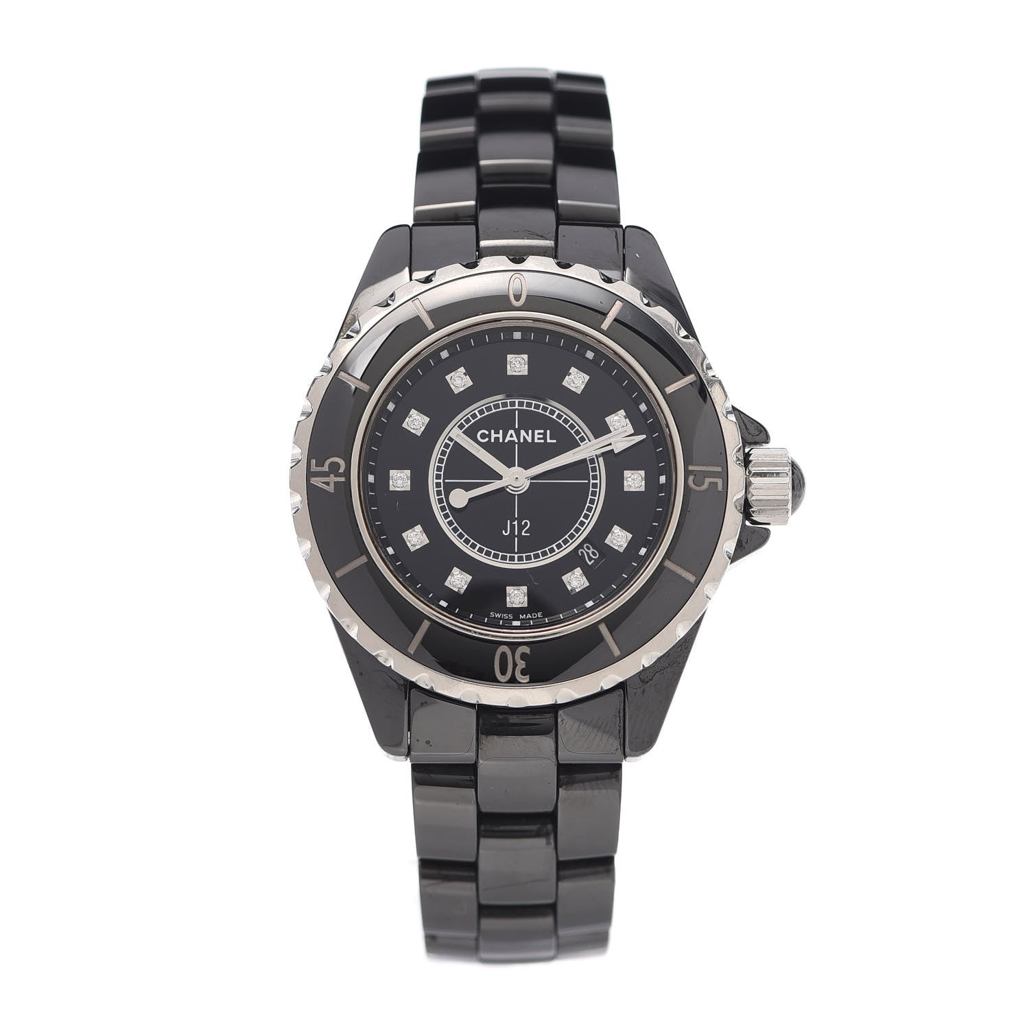 Chanel Stainless Steel Ceramic Diamond 33mm J12 Quartz Watch Black 1 of 7