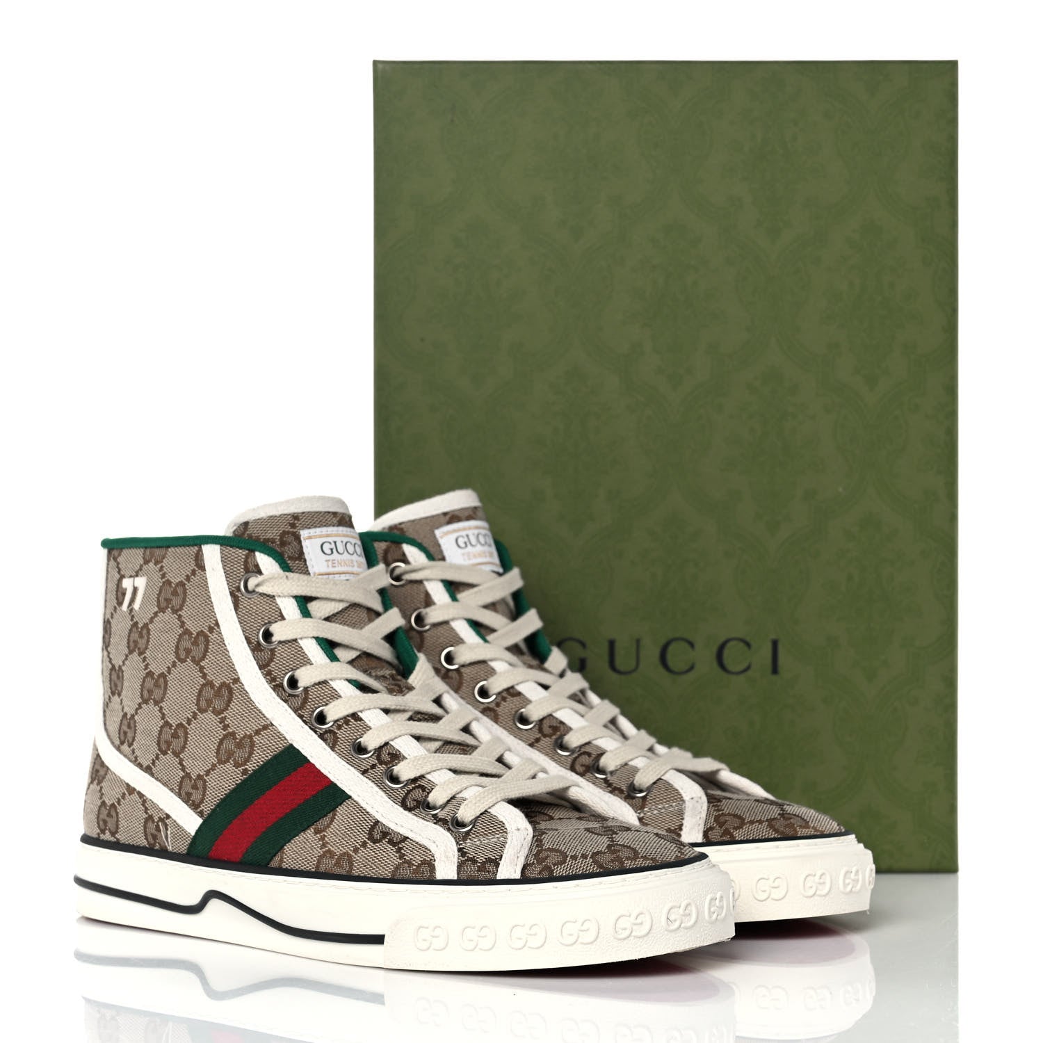 Gucci GG Monogram Web Womens 1977 Tennis High Top Sneakers 38 Beige Ebony Mystic White 8 of 8