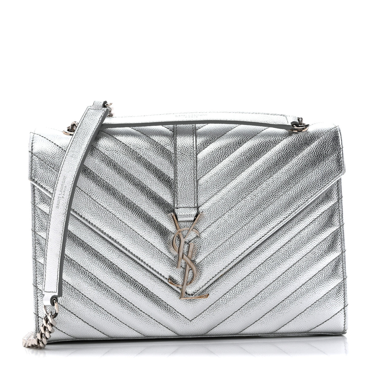 Metallic Grain De Poudre Matelasse Chevron Medium Monogram Satchel Silver