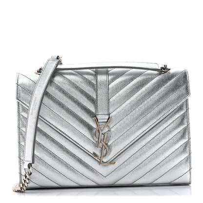 Saint Laurent Metallic Grain De Poudre Matelasse Chevron Medium Monogram Satchel Silver 1 of 14