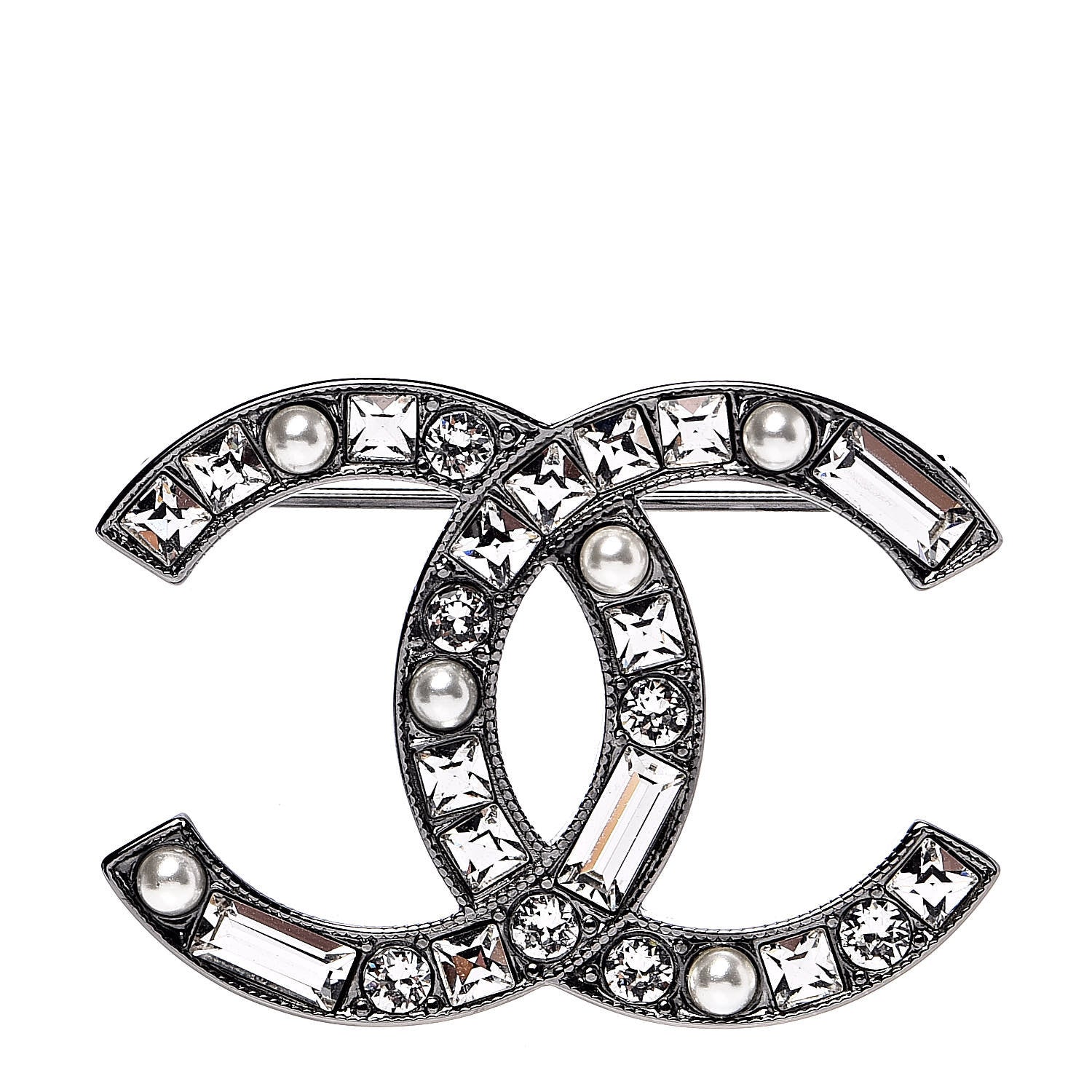 Chanel Ruthenium Pearl Crystal Baguette CC Brooch 1 of 4