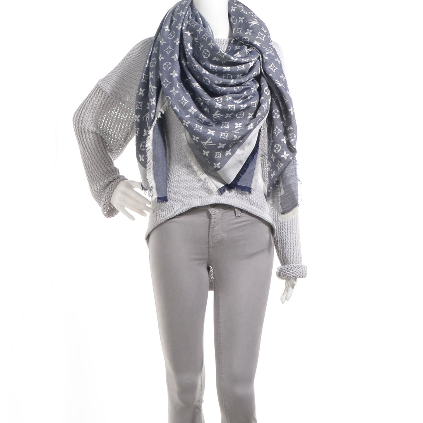 Silk Wool Monogram Denim Shawl Blue