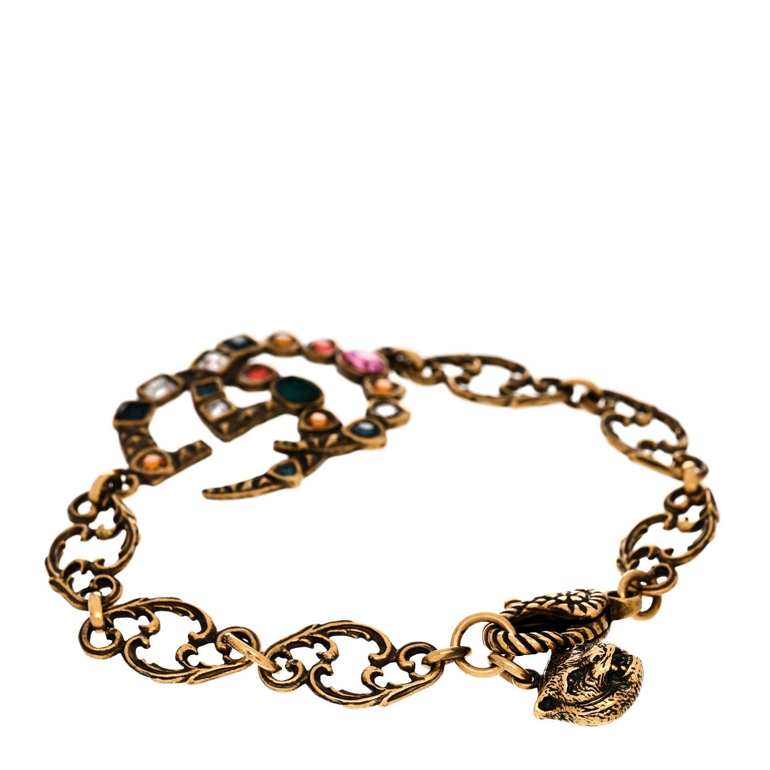 Gucci Oxidized Metal Crystal Double G Bracelet Aged Gold Multicolor 3 of 5