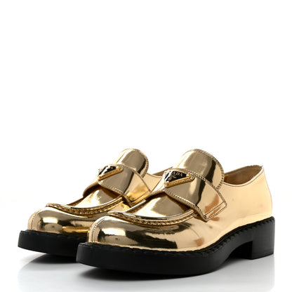 Prada Metallic Brushed Calfskin Metal Triangle Logo 50mm Loafers 39.5 Platino 3 of 8
