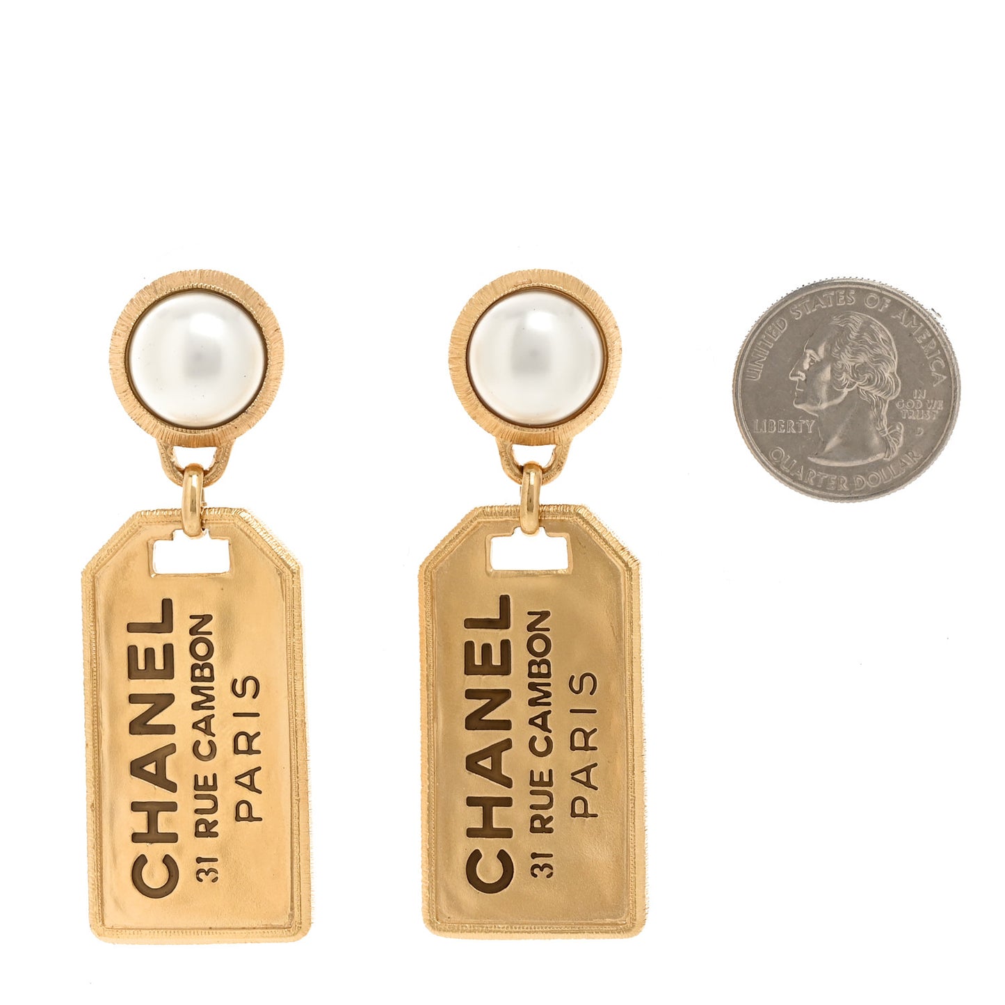 Pearl CC Tags Drop Earrings Gold