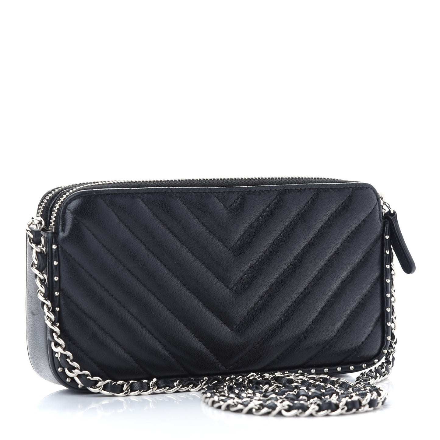 Lambskin Chevron Quilted Studded Small Clutch With Chain Black