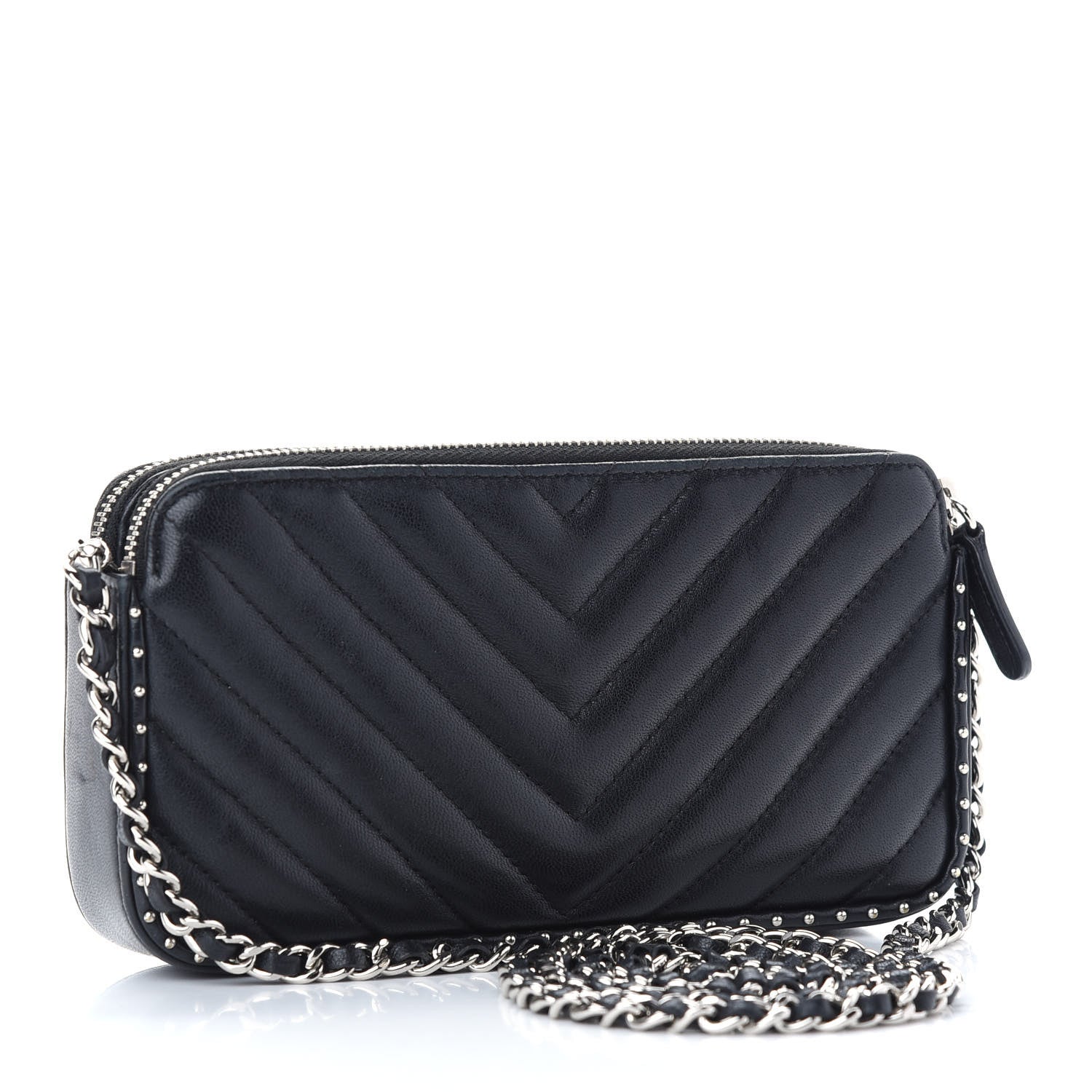 Chanel Lambskin Chevron Quilted Studded Small Clutch With Chain Black 3 of 10
