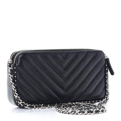 Chanel Lambskin Chevron Quilted Studded Small Clutch With Chain Black 3 of 10