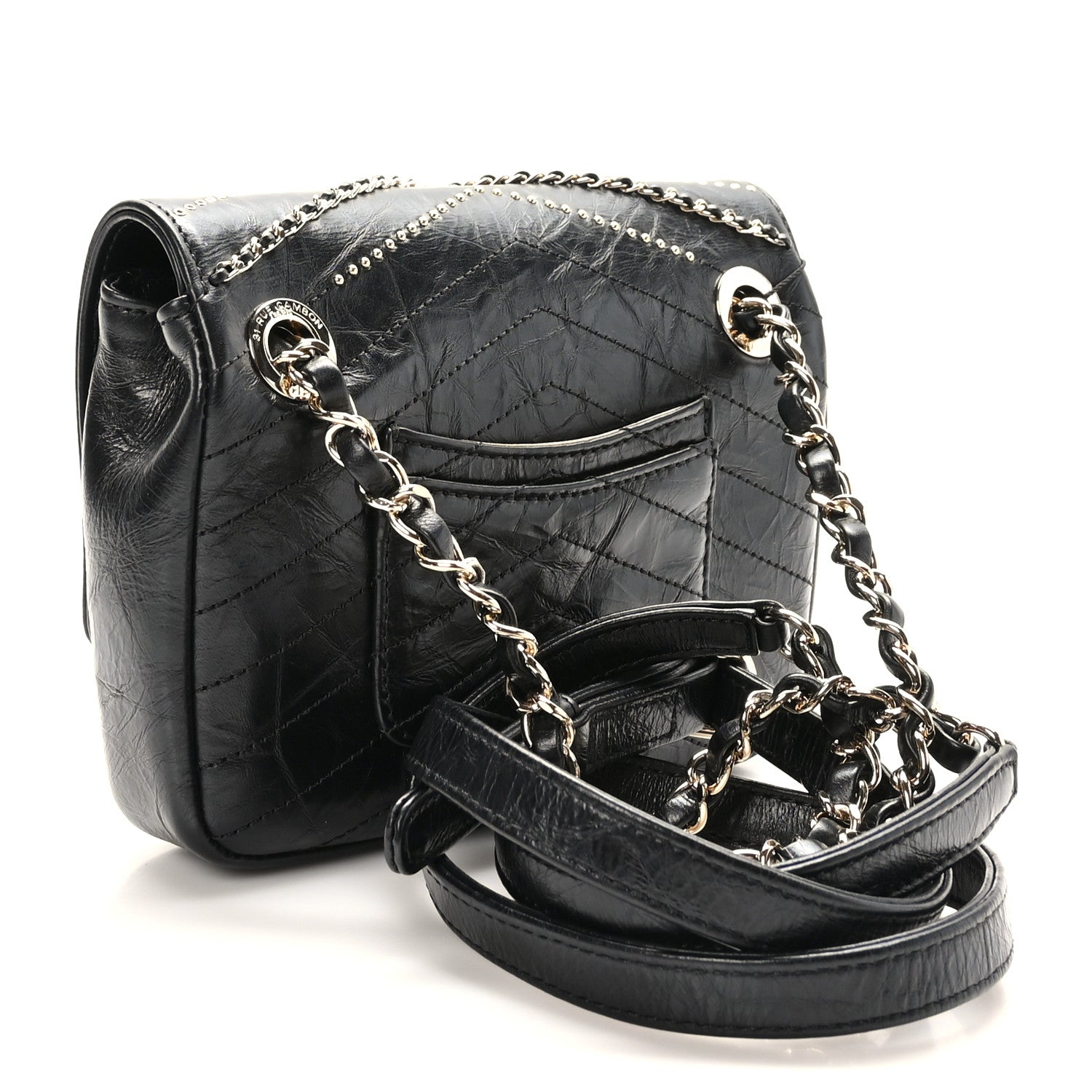 Chanel Crumpled Calfskin Chevron Chain Mini Square Flap Black 3 of 9