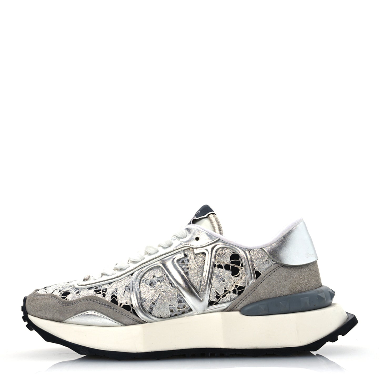 Metallic Calfskin Lace Mesh Lacerunner Sneaker 37.5 Silver Pastel Gray