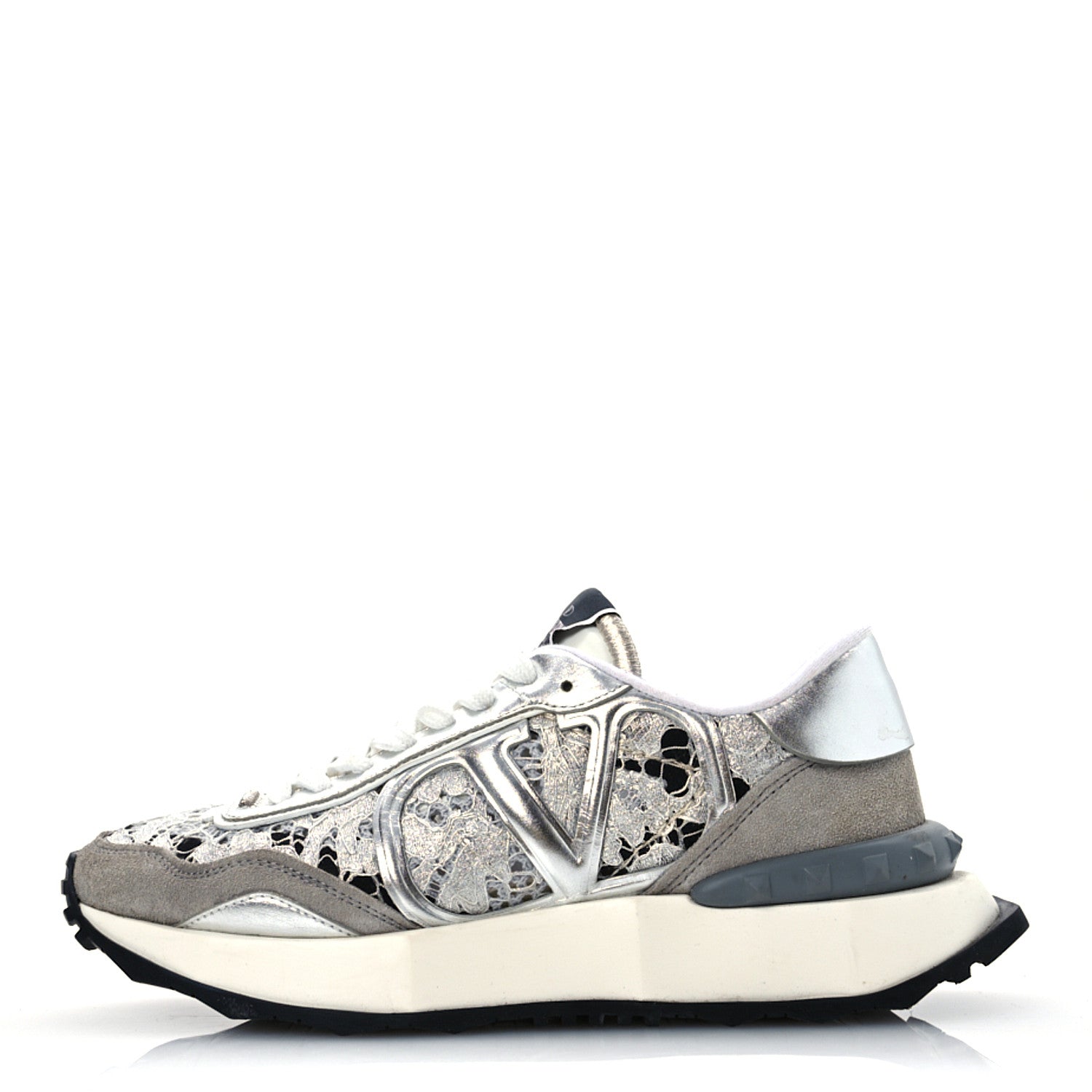 Valentino Garavani Metallic Calfskin Lace Mesh Lacerunner Sneaker 37.5 Silver Pastel Gray 1 of 15
