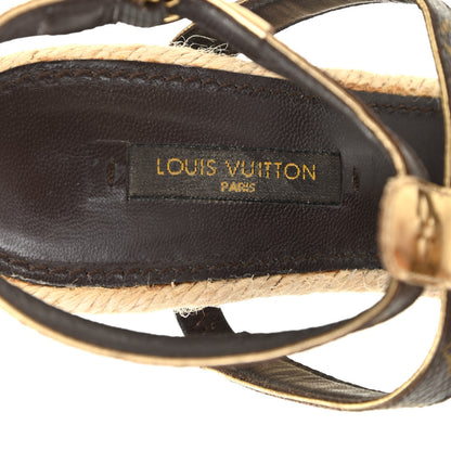 Louis Vuitton Monogram Metallic Bahamas T-Strap Espadrille Wedge Sandals 37 Brown 14 of 28