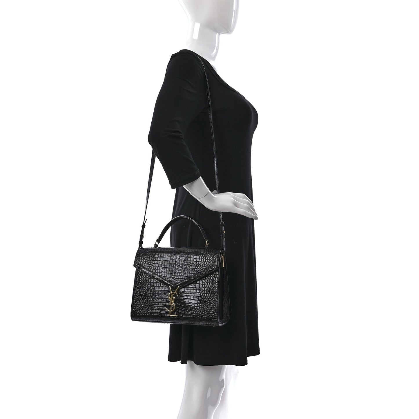 Calfskin Crocodile Embossed Medium Classic Monogram Cassandra Top Handle Black