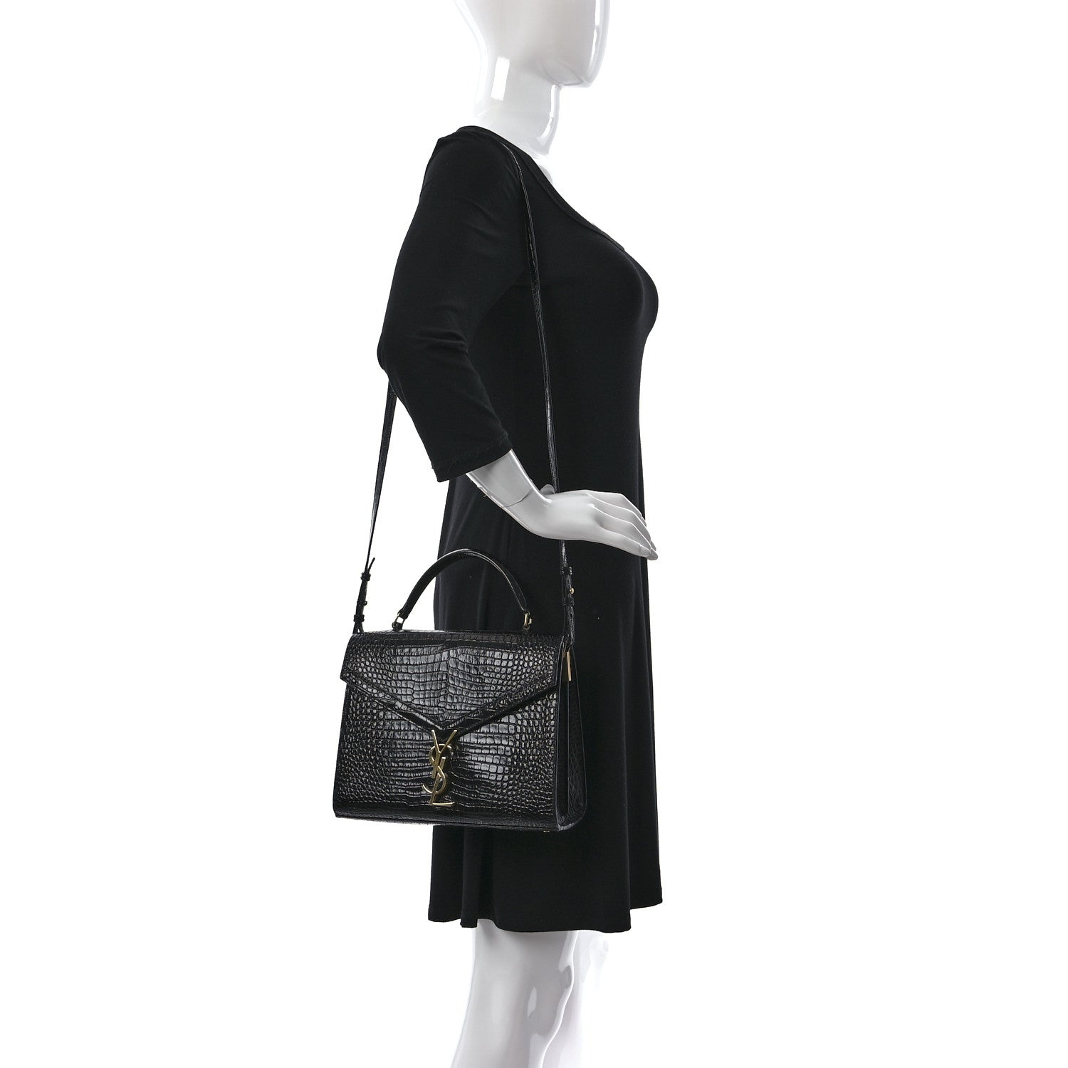 Saint Laurent Calfskin Crocodile Embossed Medium Classic Monogram Cassandra Top Handle Black 2 of 19