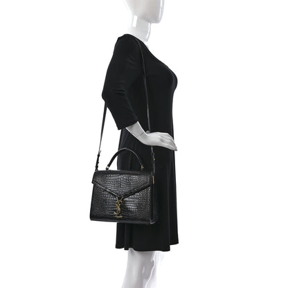 Saint Laurent Calfskin Crocodile Embossed Medium Classic Monogram Cassandra Top Handle Black 2 of 19