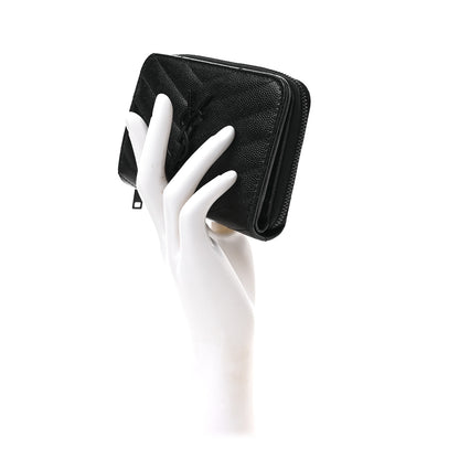 Saint Laurent Grain De Poudre Matelasse Chevron Monogram Monochrome Compact Zip Around Wallet Black 2 of 6