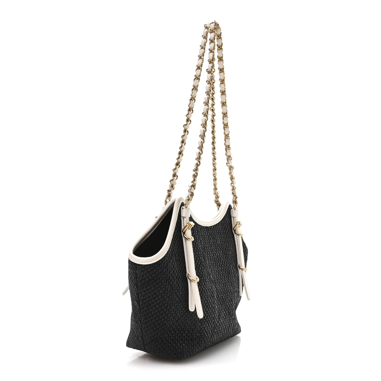Chanel Calfskin Raffia Braided Small Shopping Tote Black White 4 of 21