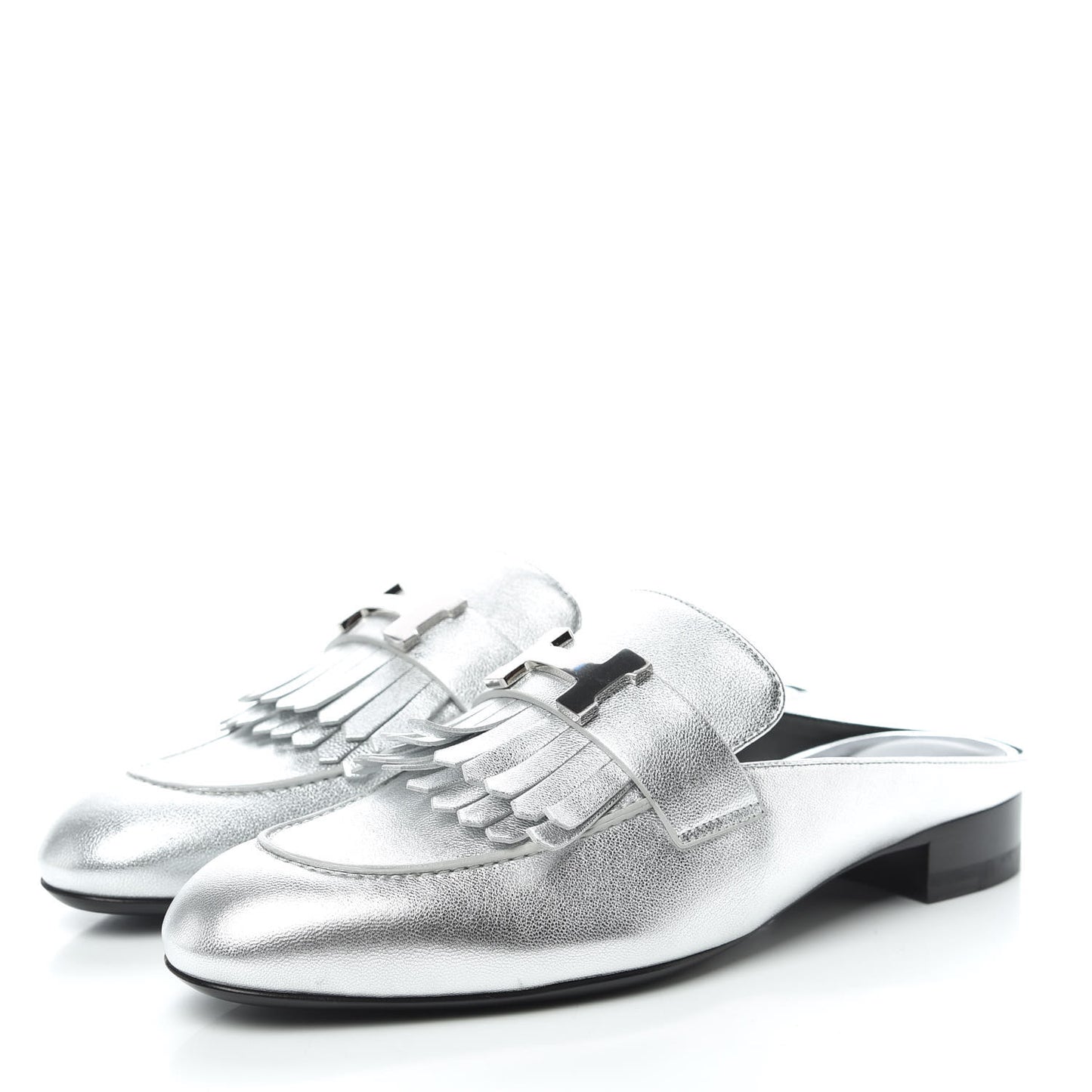 Metallic Goatskin Rivoli Mules 37.5 Gris Argente
