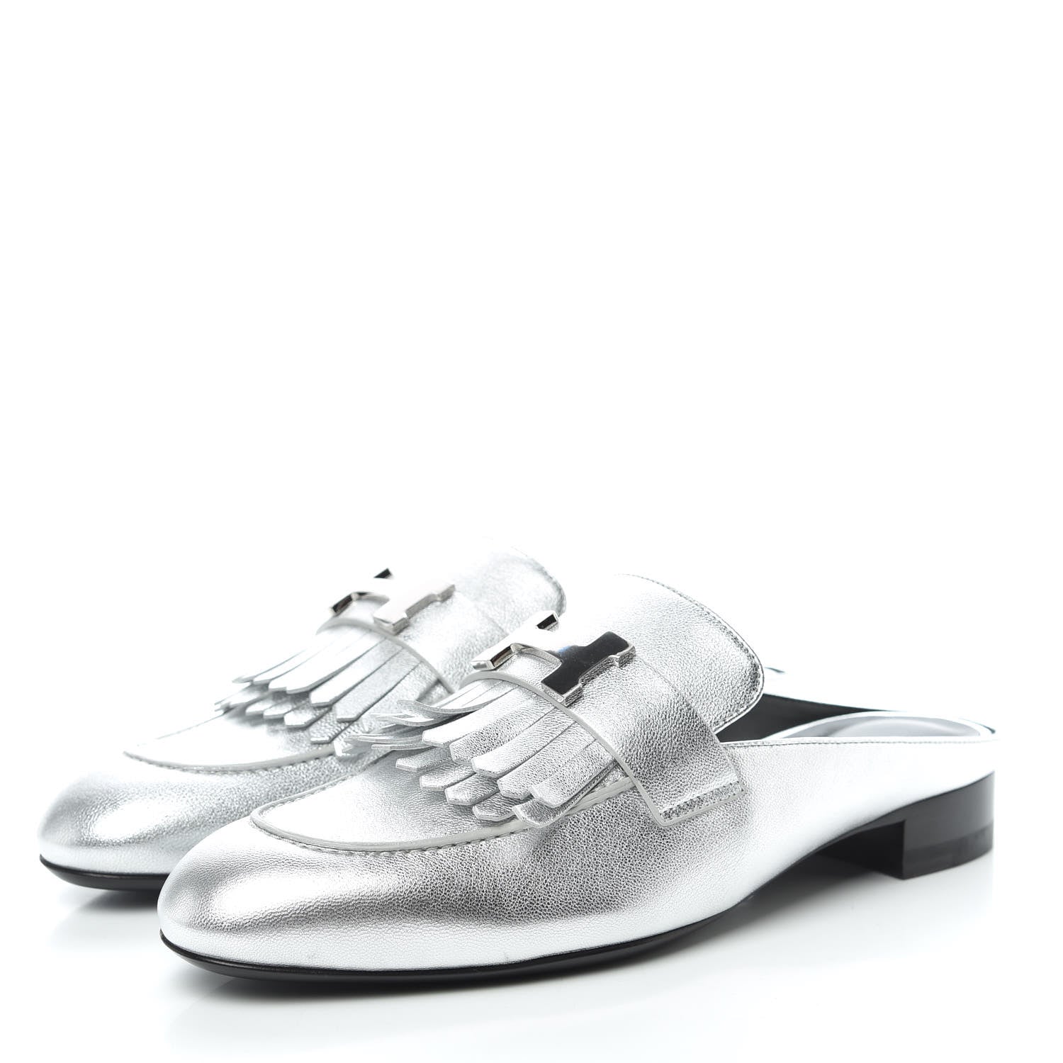 Hermes Metallic Goatskin Rivoli Mules 37.5 Gris Argente 3 of 9