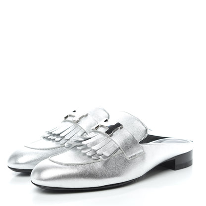 Hermes Metallic Goatskin Rivoli Mules 37.5 Gris Argente 3 of 9