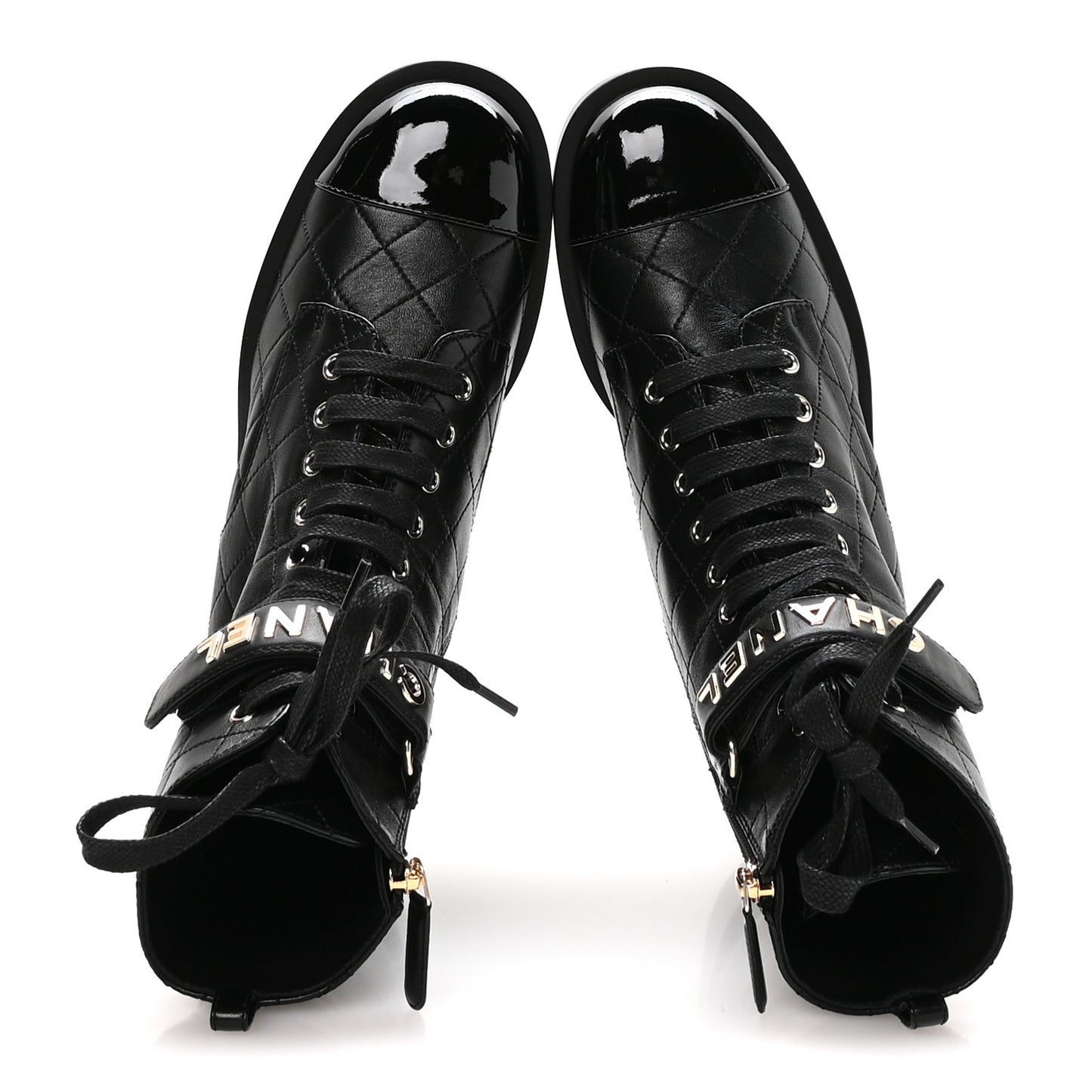 Lambskin Patent Calfskin Quilted Logo Lace Up Combat Boots 39.5 Black