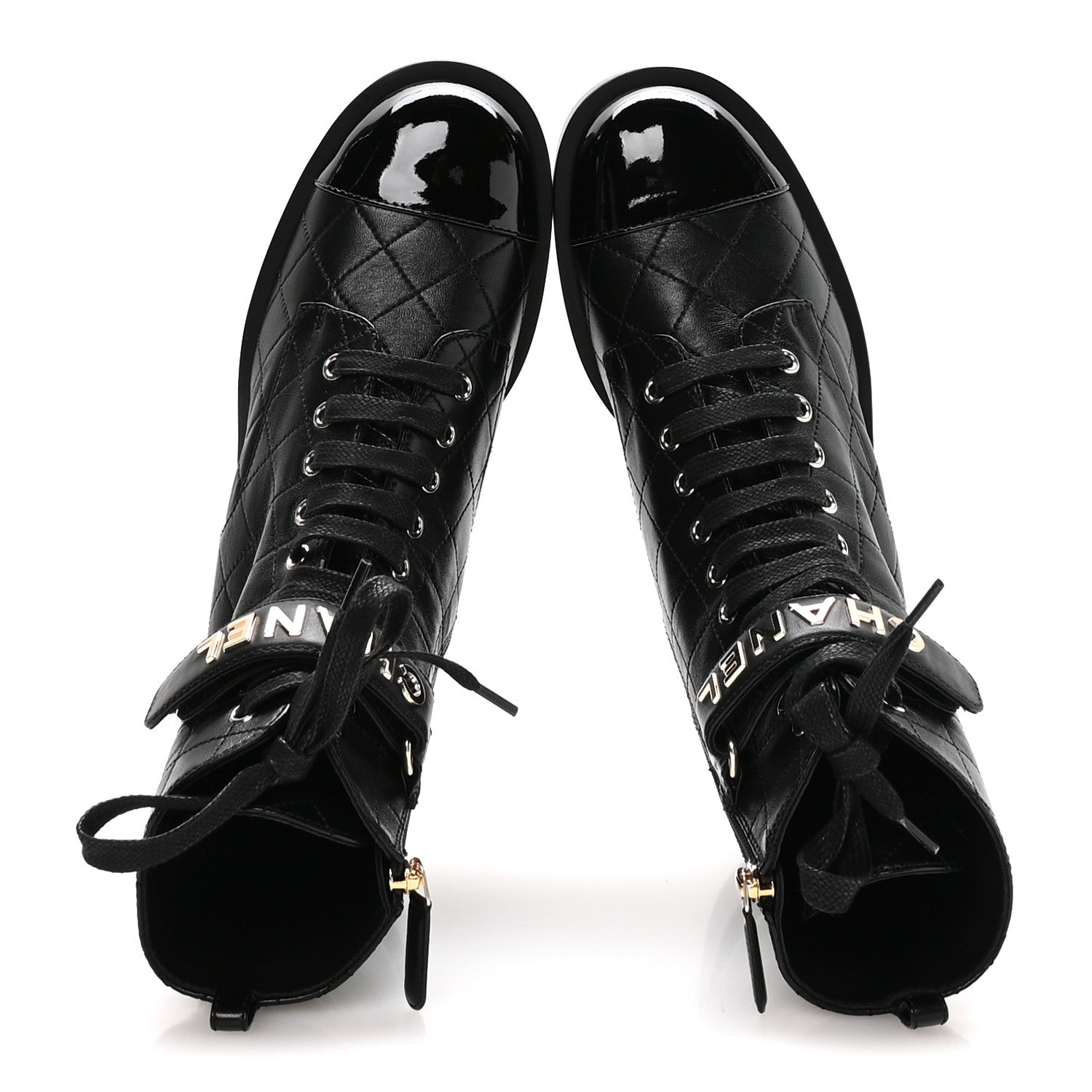 Chanel Lambskin Patent Calfskin Quilted Logo Lace Up Combat Boots 39.5 Black 2 of 9