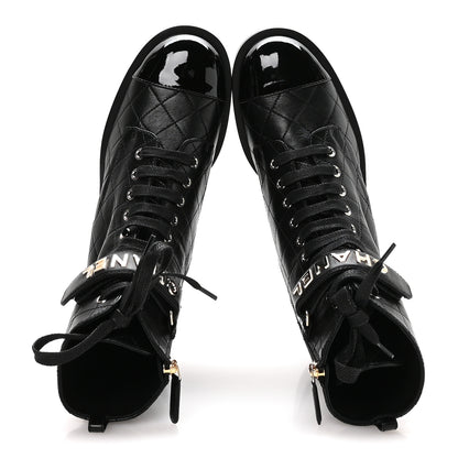Chanel Lambskin Patent Calfskin Quilted Logo Lace Up Combat Boots 39.5 Black 2 of 9