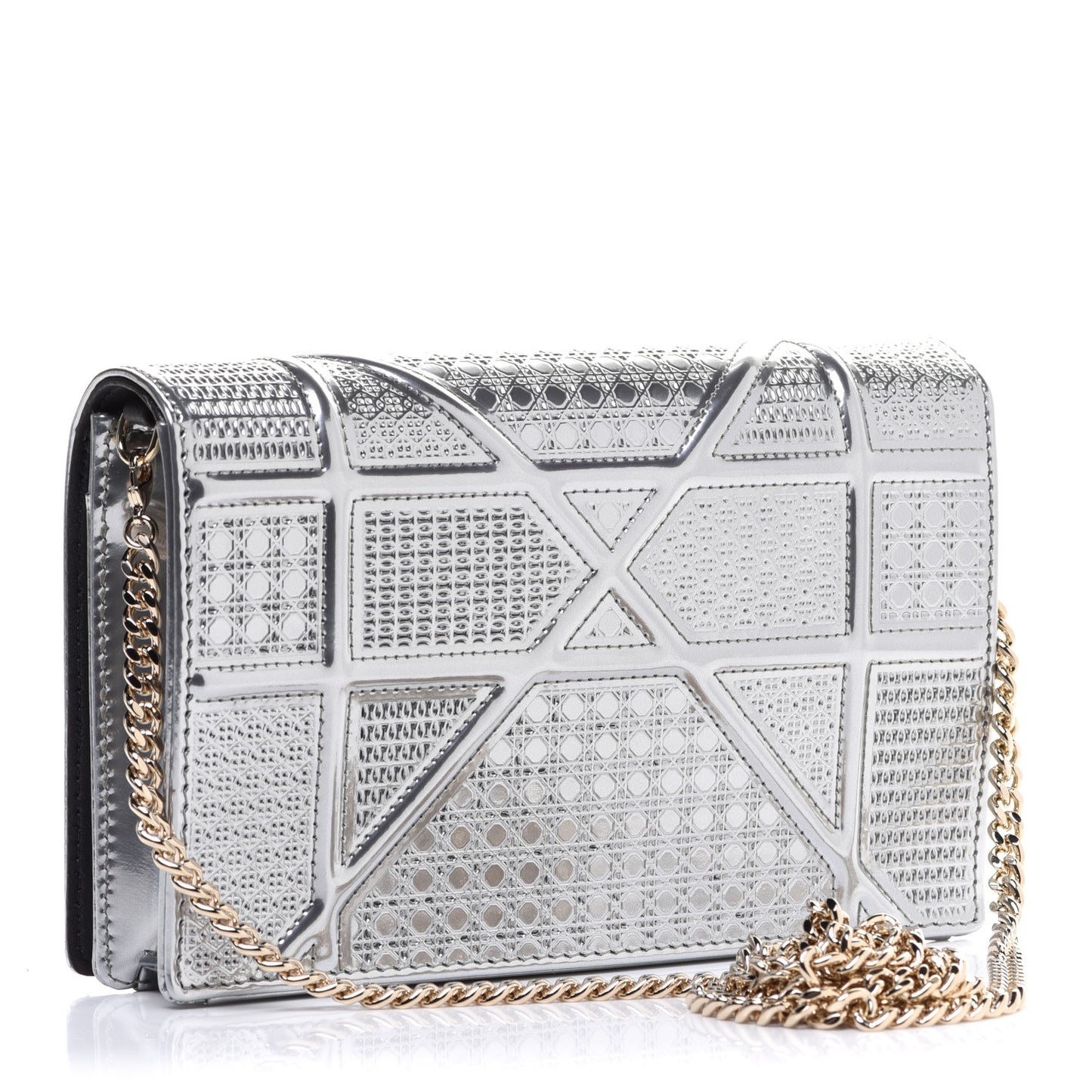 Metallic Patent Micro-Cannage Diorama Wallet on Chain Pouch Silver